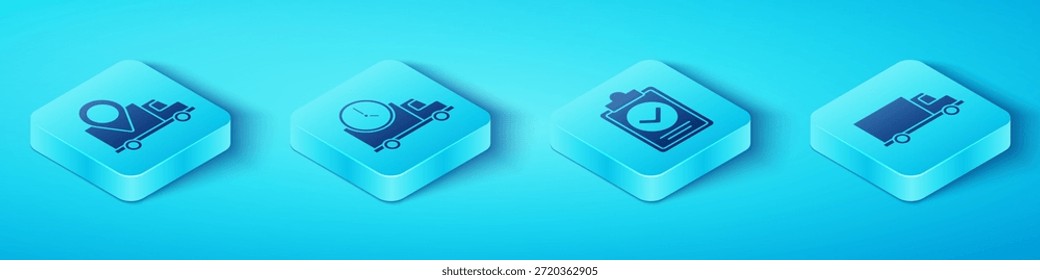 Set Isometric Delivery tracking, Logistics delivery truck and clock, Delivery cargo truck vehicle and Verification of delivery list clipboard icon. Vector