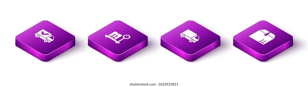 Set Isometric Delivery truck with check mark, Scale cardboard box, cargo vehicle and Cardboard traffic icon. Vector