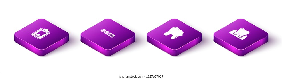 Set Isometric Dental card, Teeth with braces, Broken tooth and Tooth icon. Vector.