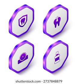Set Isometric Dental protection, Broken tooth, Otolaryngological head reflector and Mouthwash icon. Purple hexagon button. Vector
