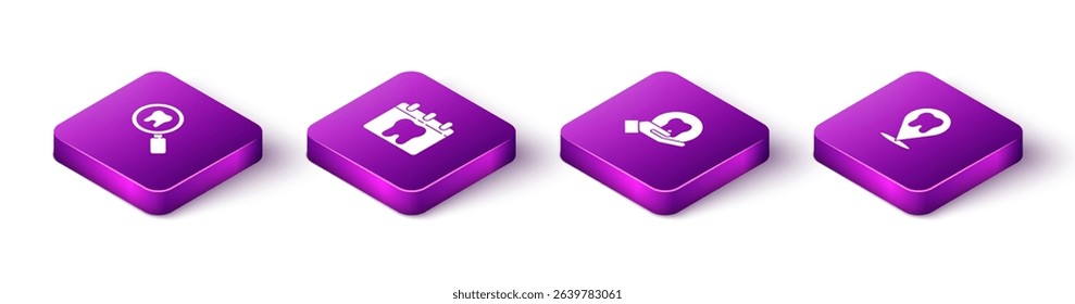 Set Isometric Dental search, Calendar with tooth, Tooth and clinic location icon. Vector