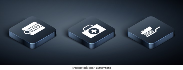 Set Isometric Dentures model, Toothbrush with toothpaste and First aid kit icon. Vector