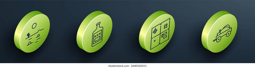 Set Isometric Desert landscape with cactus, Whiskey bottle, Treasure map and Wild west covered wagon icon. Vector