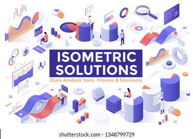 Conjunto de elementos de design isométrico, objetos ou símbolos isolados em fundo branco - ferramentas de análise de informações e big data, análises e estatísticas, gráficos, diagramas, gráficos. Ilustração vetorial.