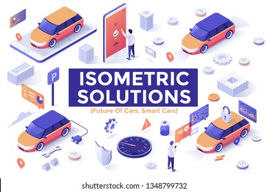 Set of isometric design elements or objects isolated on white background - smart car monitoring system, remote control via mobile application, innovative technology. Creative vector illustration.