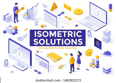 Satz isometrischer Design-Elemente oder Objekte einzeln auf weißem Hintergrund - Verschlüsselungstechnologie, verschlüsselte Daten, Schutz von Informationen, Internetsicherheit und Sicherheit. Moderne Vektorgrafik.