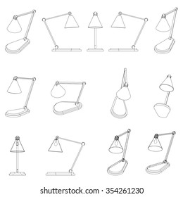 Set of the isometric desk lamps. The objects are isolated against the white background and shown from different sides.