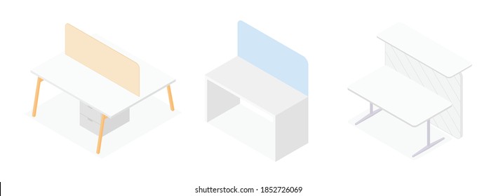 Set of isometric desks. Vector collection. Illustration in flat design.
