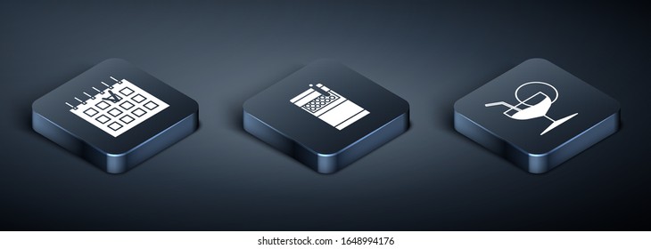 Set Isometric Detailed calendar , Martini glass  and Open cigarettes pack box  icon. Vector