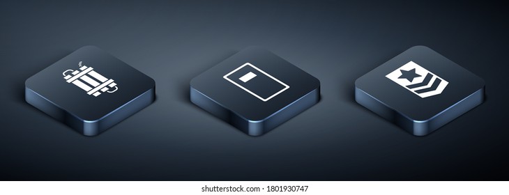 Set Isometric Detonate dynamite bomb stick, Chevron  and Police assault shield  icon. Vector