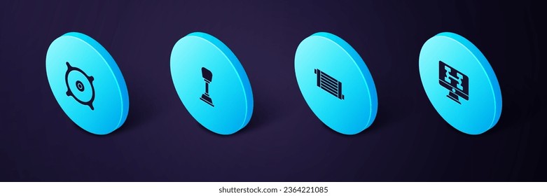 Set Isometric Diagnostics condition of car, Car radiator cooling system, Gear shifter and audio speaker icon. Vector