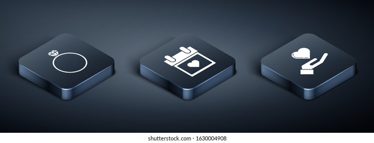 Set Isometric Diamond engagement ring, Heart on hand and Calendar with heart icon. Vector