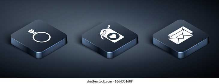 Coloque el anillo de compromiso de diamantes isométricos, sobre con el corazón de San Valentín y icono de la etiqueta del corazón. Vector