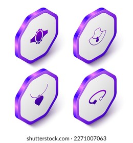 Set Isometric Diamond engagement ring, Necklace mannequin, with heart shaped and Bracelet jewelry icon. Purple hexagon button. Vector