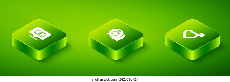 Set Isometric Diamond engagement ring, Heart with male gender and Wedding rings icon. Vector