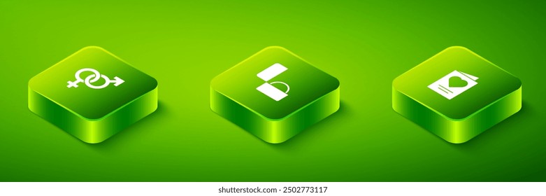 Set Isometric Diamond engagement ring, Greeting card and Gender icon. Vector