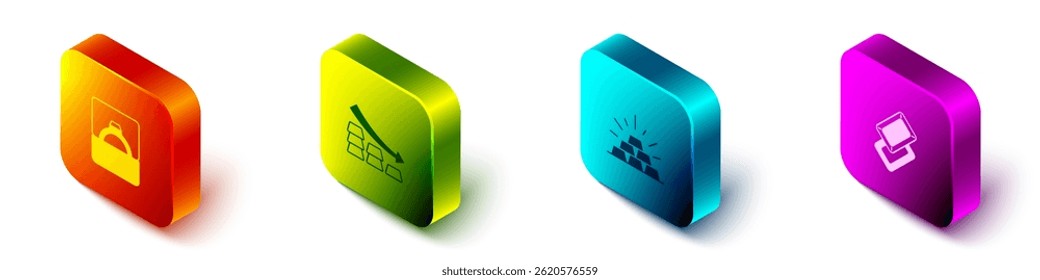 Set Isometric Diamond engagement ring in box, Falling arrow with gold bars, Gold and  icon. Vector
