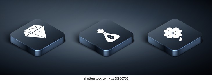 Set Isometric Diamond, Four leaf clover e icono de la bolsa de dinero. Vector