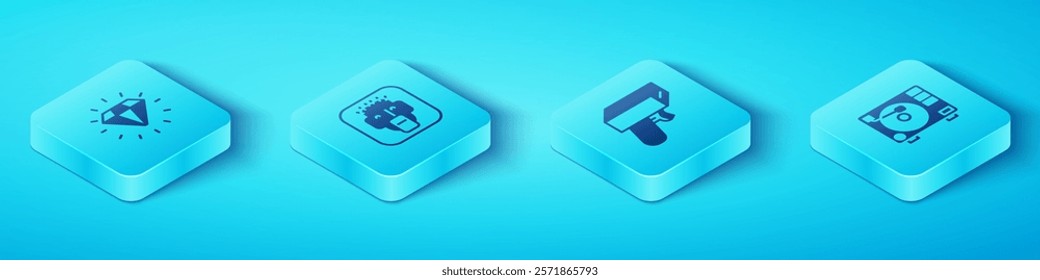 Set Isometric Diamond, Rapper, Vinyl player with vinyl disk and Money gun icon. Vector