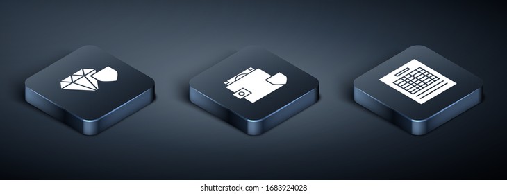 Establecer Diamante Isométrico con el escudo, el documento del archivo de informe y la cartera y el dinero con el icono del escudo. Vector