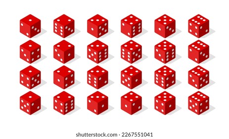 Set of isometric dice from all sides in red color. Vector