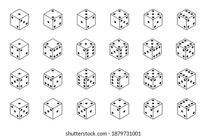 Set of isometric dice combination. Poker gambling cubes for casino isolated black and white vector illustration.