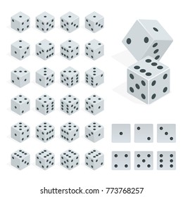 Set Of Isometric Dice Combination. White Poker Cubes Vector Isolated.