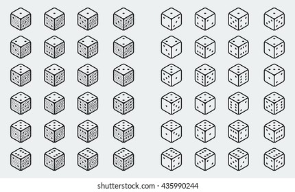 A set of isometric dice icons in thin line style