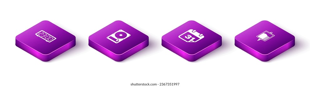 Set Isometric Digital alarm clock, Hard disk drive HDD, Calendar and IV bag icon. Vector