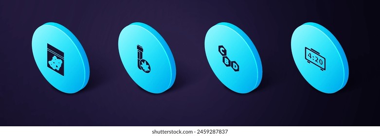Reloj despertador digital isométrico, molécula de cannabis, tubo de prueba químico con marihuana y bolsa de plástico de icono de cannabis. Vector