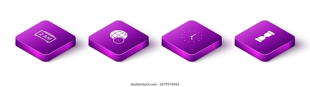 Set reloj de alarma digital isométrica, hora mundial, reloj y antiguo icono de reloj de arena. Vector
