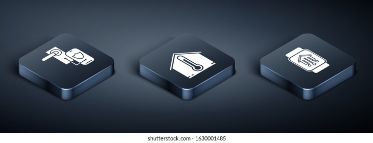 Set Isometric Digital door lock with wireless technology for lock, Smart home with smart watch and House temperature icon. Vector