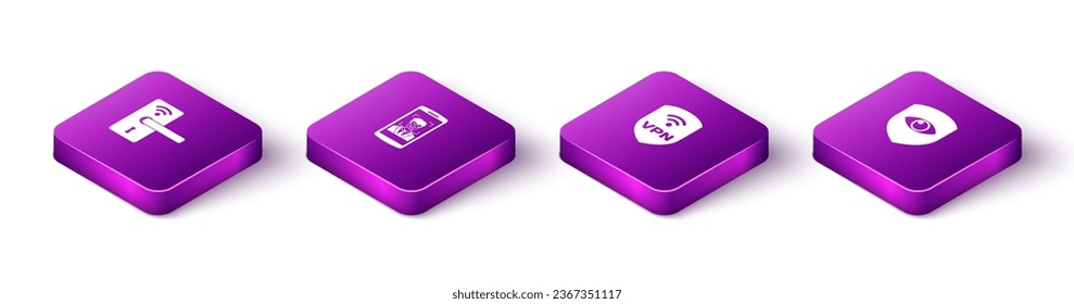 Establezca el bloqueo de puerta digital isométrico con reconocimiento inalámbrico, móvil y facial, VPN Escudo e icono ocular. Vector