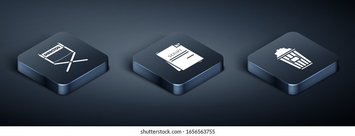 Set Isometric Director movie chair , Popcorn in cardboard box  and Scenario  icon. Vector