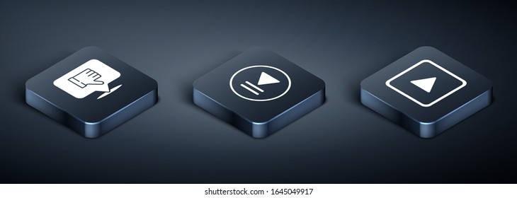 Set Isometric Dislike in speech bubble, Play in square and Rewind icon. Vector