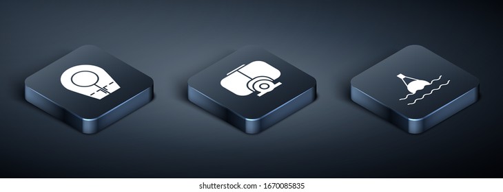 Set Isometric Diving hood, Floating buoy on the sea and Diving mask icon. Vector