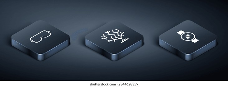 Set Isometric Diving mask, Compass and Coral icon. Vector