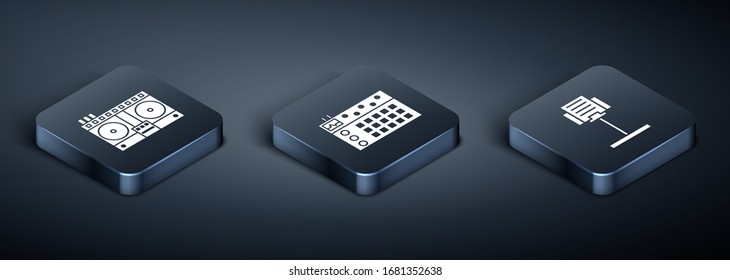 Set Isometric DJ remote for playing and mixing music, Music stand and Drum machine icon. Vector