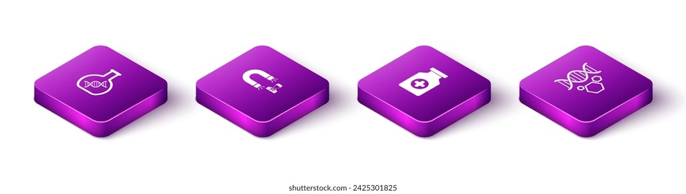 Set Isometric DNA research, search, Customer attracting, Medicine bottle and Genetic engineering icon. Vector