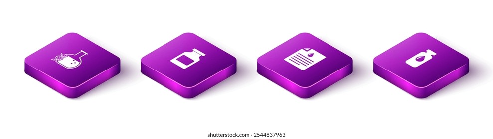 Conjunto de investigación isométrica de ADN, búsqueda, botella de medicina, Portapapeles con prueba de sangre y vial médico, icono de ampolla. Vector
