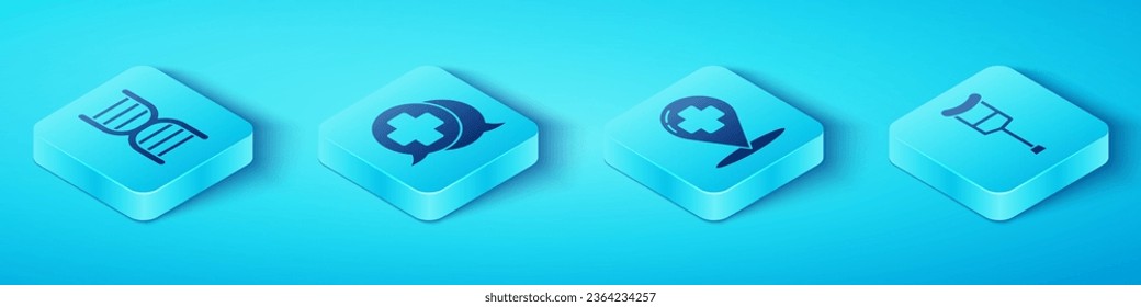 Set Isometric DNA symbol, Dialogue with the doctor, Crutch or crutches and Map pointer with cross hospital icon. Vector