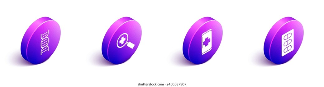 Set Isometric DNA symbol, Magnifying glass for search medical, Emergency mobile phone call to hospital and Pills in blister pack icon. Vector