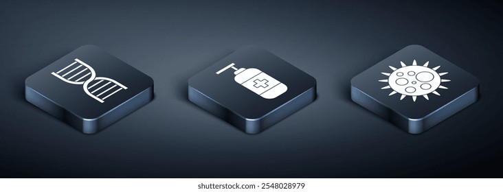 Set Isometric DNA symbol, Virus and Bottle of liquid antibacterial soap icon. Vector