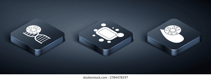 Set Isometric DNA symbol and virus, Blood test and virus and Bar of soap icon. Vector