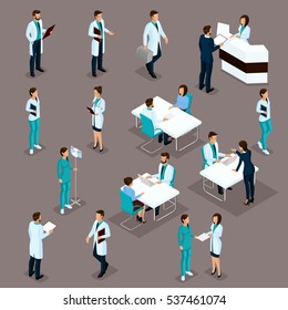 Set Isometric Doctors Hospital Staff Nurse 3D surgeons and patients. Health experts hospital isolated on a dark background. Vector illustration.