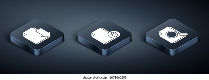 Set Isometric Document with download, Document with search and Delete file document icon. Vector