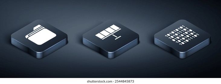 Set Isometric Document folder, Binary code and Solar energy panel icon. Vector