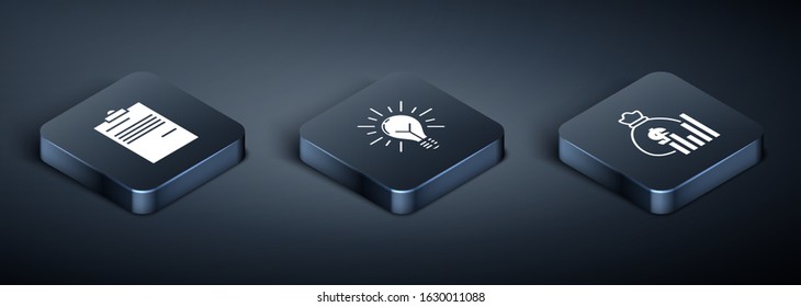 Set Isometric Document, Money bag and diagram graph and Light bulb with rays shine and concept of idea icon. Vector