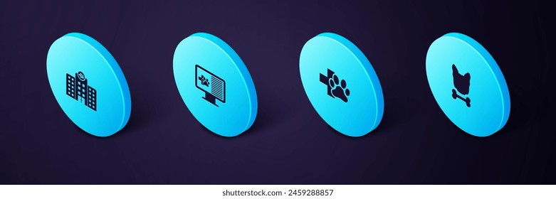 Set Isometric Dog and bone, Veterinary clinic, Clinical record pet monitor and medicine hospital icon. Vector