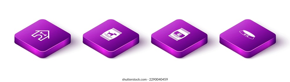 Set Isometric Dog house and bone, Bag of food for dog, pet and Pet bowl icon. Vector